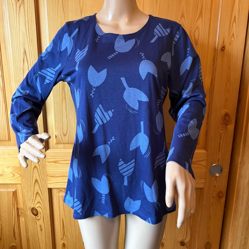 Gudrun Sjoden Blue Floral Tunic Top Long Sleeves Size M Organic Cotton Modal